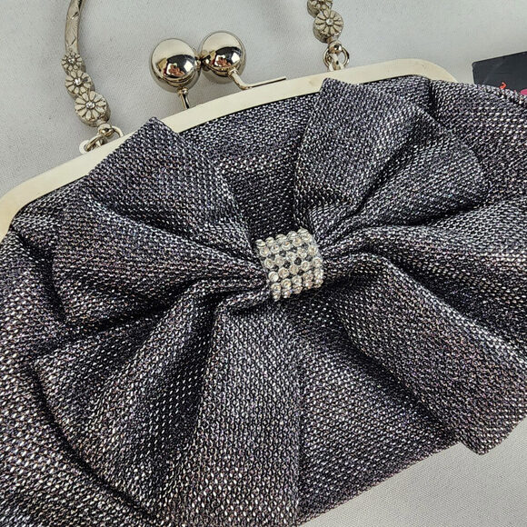 Silver Metallic Bow Rhinestone Clutch Purse - Picture 2 of 8
